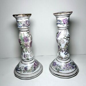 Vintage Chinese Porcelain Candlesticks Famille Rose Chinoiserie Hand Painted 2